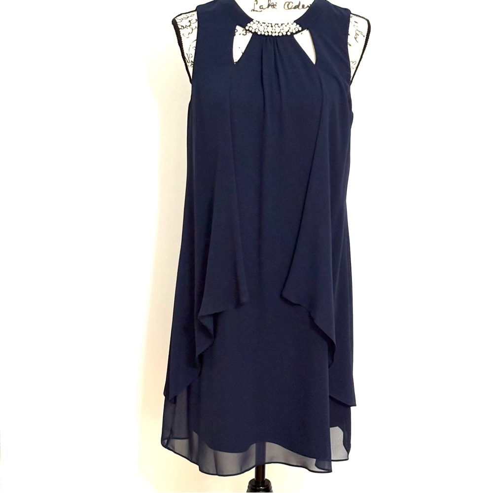 SLNY Navy Blue Party Dress with Pearl Embellished Neckline Women 6